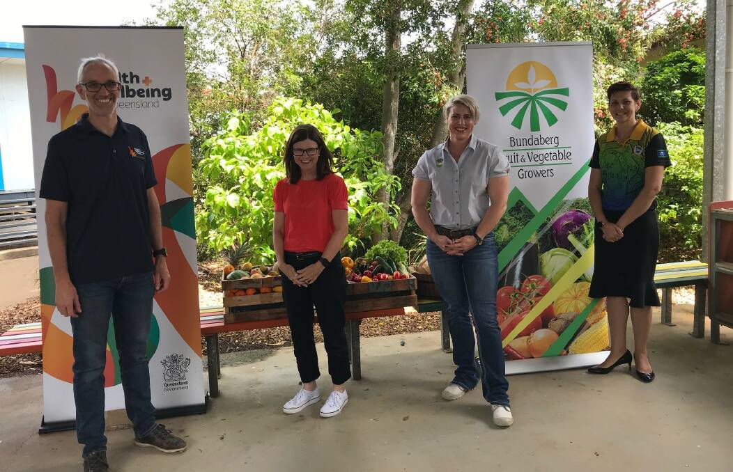 LAUNCHED: Mat Dick, principal lead (Public Health Nutrition), Health and Wellbeing Queensland; Dr Robyn Littlewood, chief executive, Health and Wellbeing Queensland; Bree Grima, managing director, Bundaberg Fruit and Vegetable Growers and Malinda Findlay, Principal Kalkie State School.