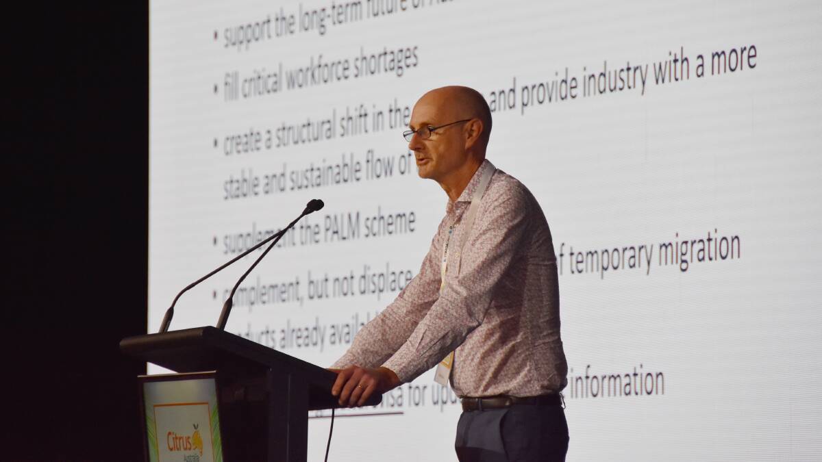 DELIVERY: The Department of Agriculture, Water and Environment's Michael Ryan speaking about the Australian agriculture visa at the Citrus Technical Forum 2022 at the Sunshine Coast. 