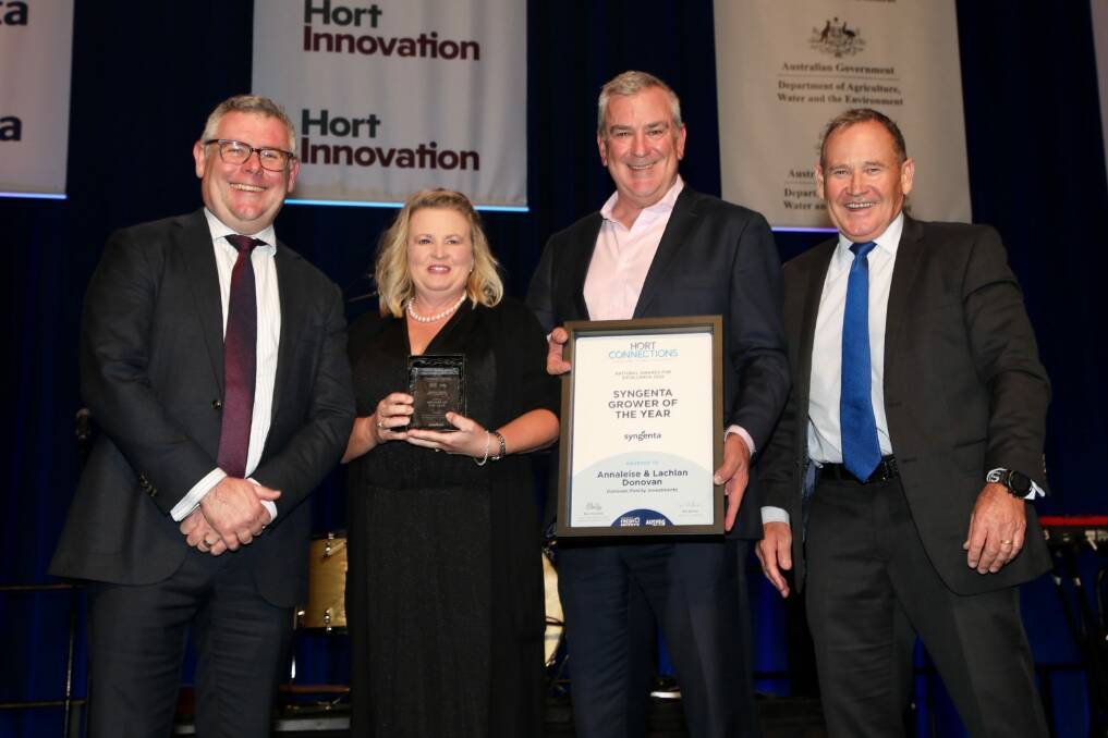 TOP: Federal Agriculture Minister Murray Watt, Grower of the Year winners Annaleise and Lachlan Donovan, Qld and Syngenta ANZ country head Paul Luxton. Photo: Andrew Beveridge, asbCreative