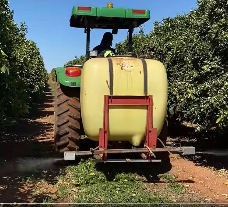 APPLICATION: The simple spray rig set-up at Minter Magic, Mildura, Victoria which is apply fruit fly bait and treatment. 