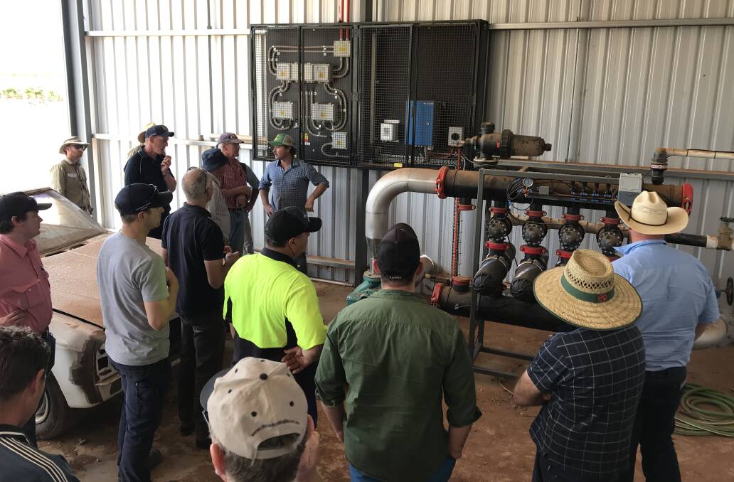 LOOKING: Visiting citrus growers take a look at part of Mac Burge's irrigation system. 