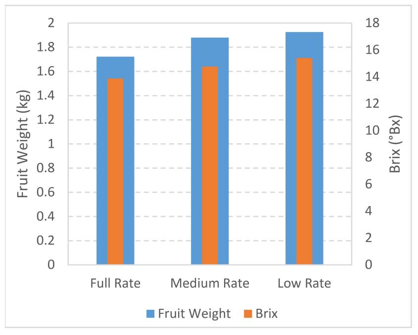 GRAPH 2: This graph shows the fruit weight and Brix levels from the three fertiliser rates. 