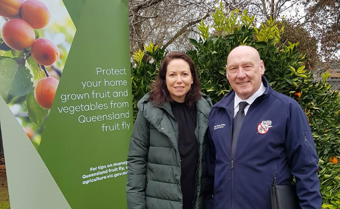 COOPERATION: Victorian Minister for Agriculture, Jaclyn Symes and Goulburn Murray Valley Fruit Fly Area Wide Management Regional coordinator, Ross Abberfield. The project has been extended for 12 months thanks to government funding. 