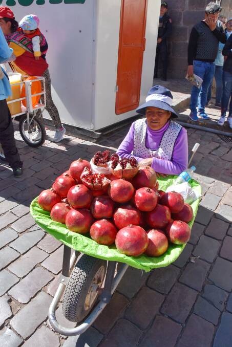 OPPORTUNITY: This photograph of a savvy businesswoman and her pomegranates cost one soles. 