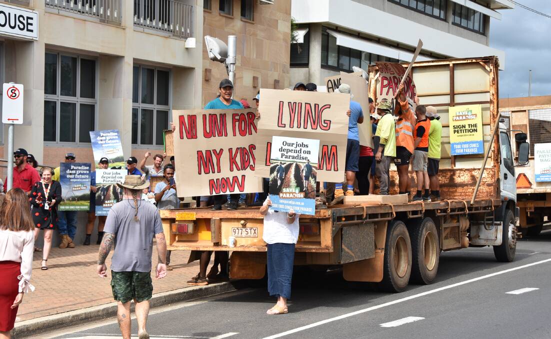 HEARD: Part of the protest that took place in front of the Bundaberg Court House in March where the Paradise Dam Commission of Inquiry was taking place. 