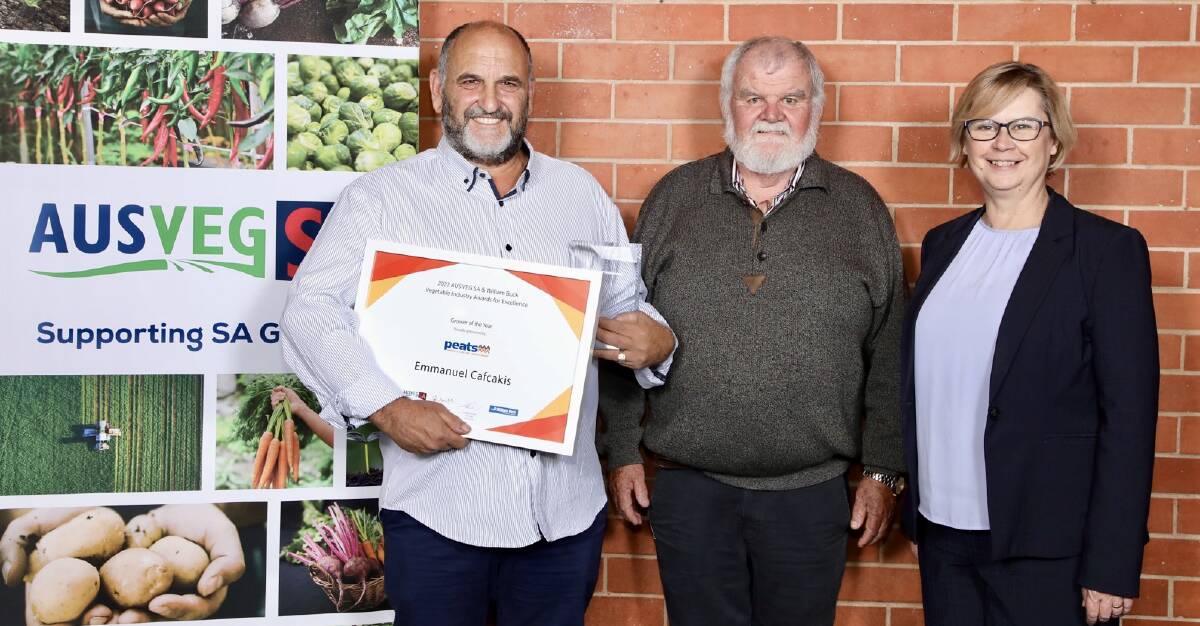 INDUSTRY RECOGNITION: SA Grower of the Year Emmanuel Cafcakis, Virginia, with award sponsor Peter Wadewitz, Peats Soil, and Primary Industries and Regional Development Minister Clare Scriven. Photo: ANDREW BEVERIDGE