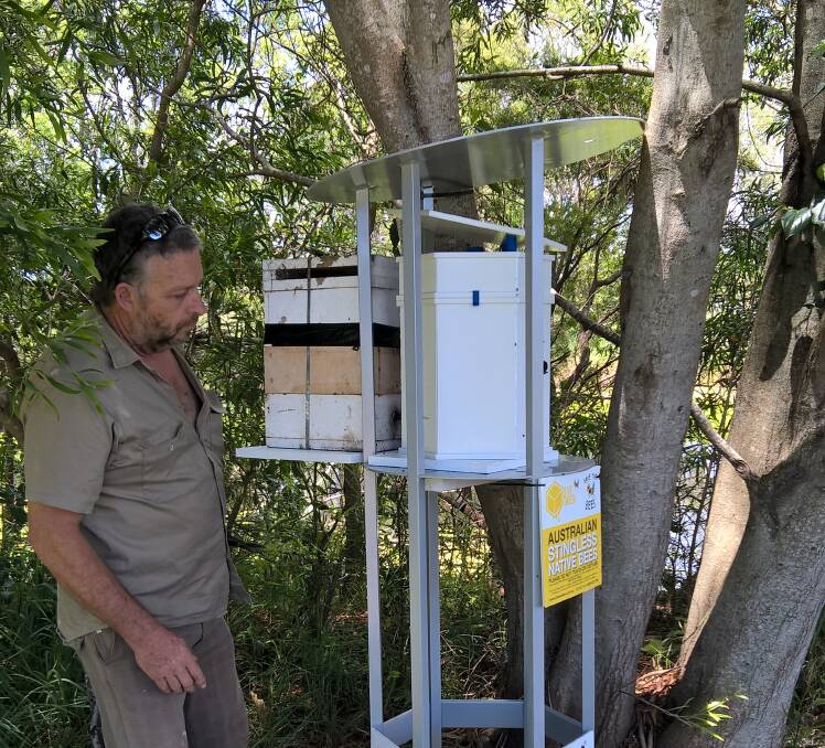 INSPECTION TIME: Co-founder of Hive Haven, Jeff Ross, with a new B Box that has design features to maintain a more suitable climate inside for native bees.