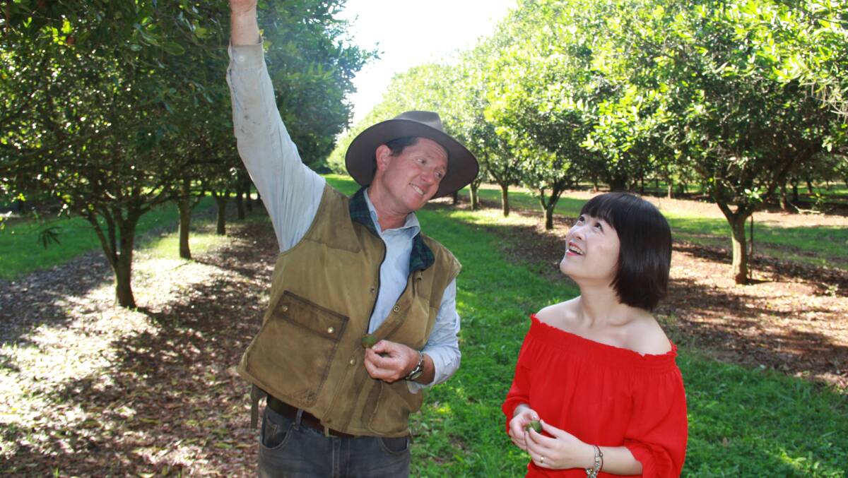 HIGH POTENTIAL: Lynwood macadamia grower Andrew Leslie explains his production ideology to 'mummy blogger' Tang Ling, Shanghai, who then broadcast the message to her two million followers on Chinese parenting website BabyTree. Clever marketing has helped the value of Australian macadamias double over the past five years.