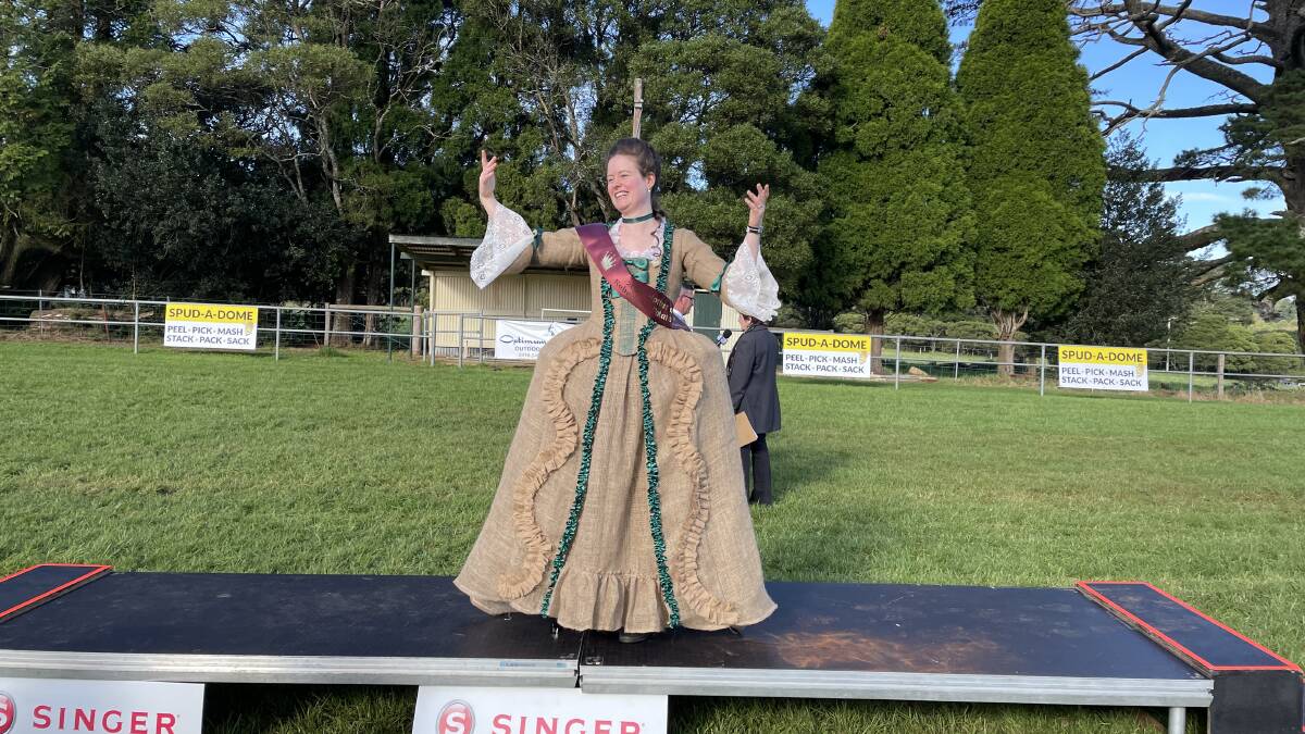 TOP: Jackie Roots from Canberra won the Hessians on the Field competition for her Bridgerton-style gown, at the inaugural Robertson Potato Festival. Picture: Briannah Devlin