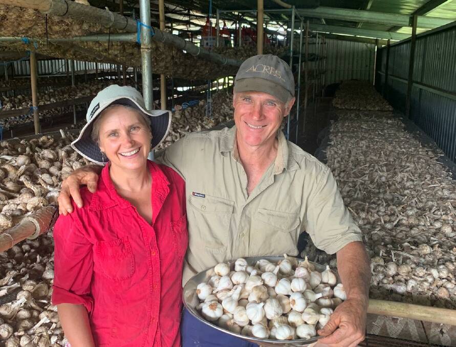 BUMPER: Gwen Bocci and Adam Collins, Kaban, standing inside their packing shed following a successful 2020 garlic growing season. Picture: Ben Harden 
