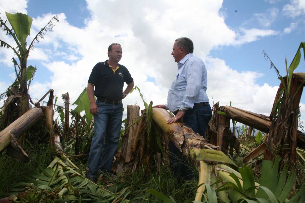 DAMAGED: Former ABGC chair Cameron McKay shows former Queensland Agriculture Minister Tim Mulherin his farm, which was devastated by Cyclone Yasi in 2011. Mr Mulherin sadly lost his battle with cancer last year. 