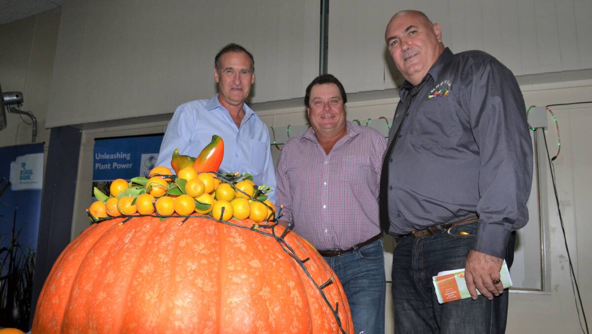 Growcom Hort360 innovation coach Steve Tiley, Growcom chairman Les Williams and Mareeba District Fruit and Vegetable Growers Association president Joe Moro at the Mareeba District Fruit and Vegetable Industry dinner earlier this month.