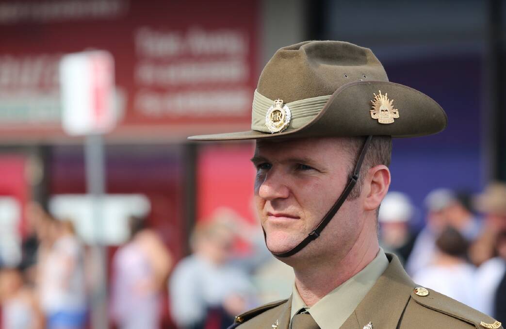 ICONIC: Corporal Michael Gordon of the 5th Engineers wearing the iconic Australian 'slouch hat' during Anzac commemorations in Bega. 