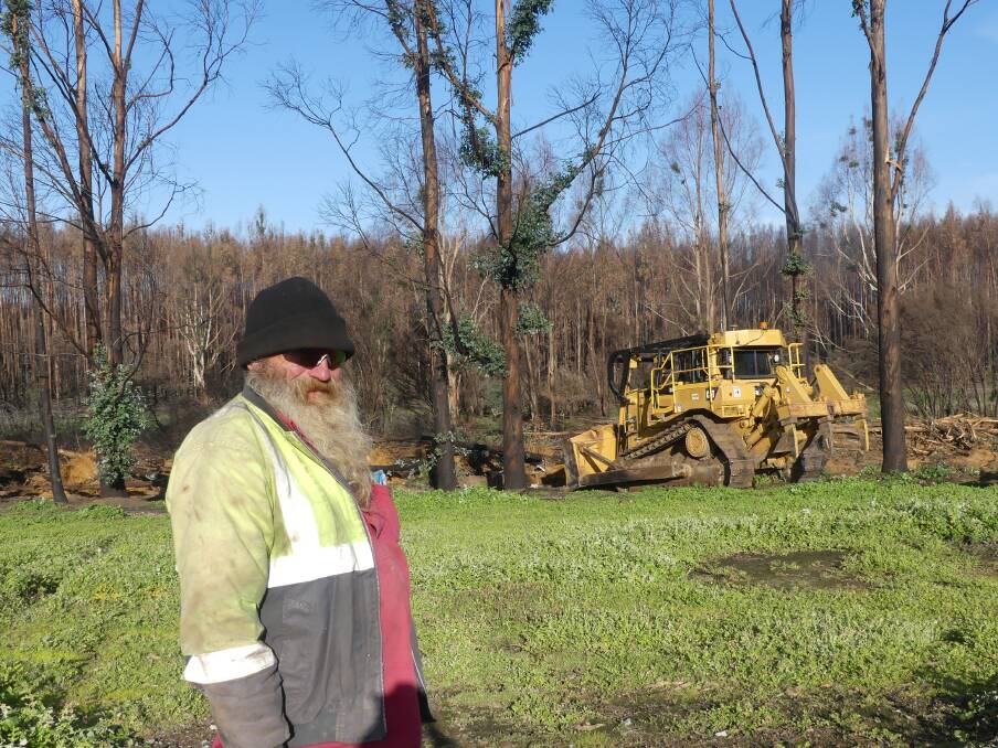 HEARTBREAKING: Seed potato farmer Peter Lock watches as the bulldozer clears damaged plantation trees from around the shed site off Turkey Lane. 