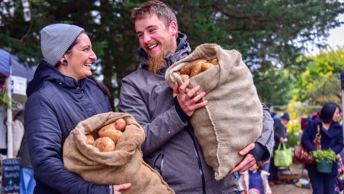 SPUDTASTIC: Brother and sister Allison and Lincoln Barnes selling spuds from Lincoln's farm in Newlyn. Photo: Brendan McCarthy
