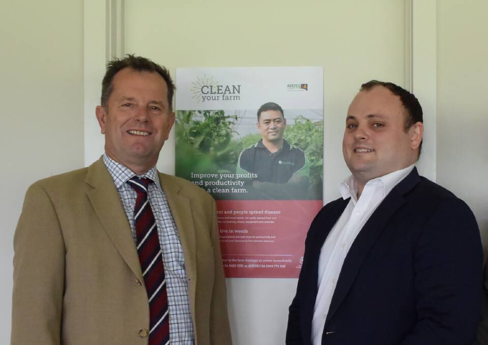 JOINT INITIATIVE: SA primary industries minister, Tim Whetstone, and Ausveg SA chief executive officer, Jordan Brooke-Barnett, at the launch of the Clean Your Farm program.