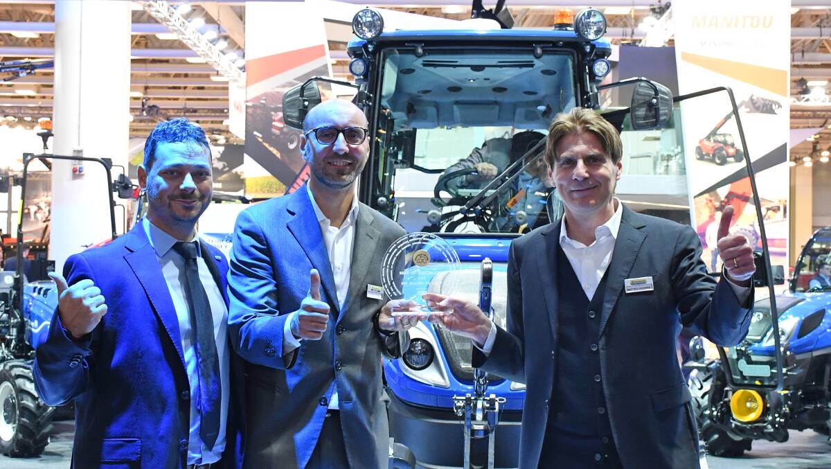 New Holland's Marco Gerbi, Giorgio Longo and Matteo Guerra celebrate the T4.120 F's best of specialised category win. Picture supplied