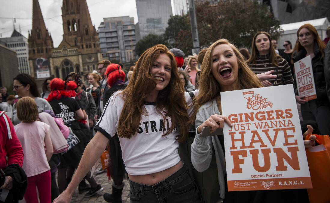 CELEBRATE: Redheads from all over Melbourne converge at Fed Square for the Buderim Ginger Pride Rally in 2017. 