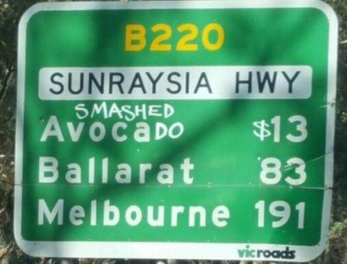 The sign defaced in reference to the popular breakfast. Picture: Bernard Salt/Twitter