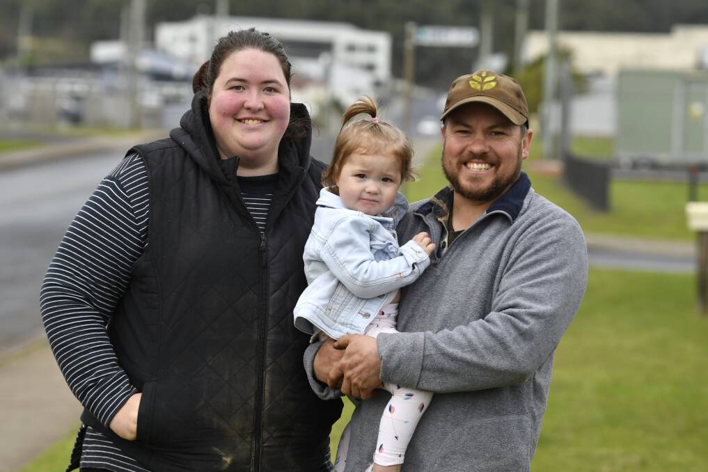 United: Potato growers Codie, Nevaeh and Tyson House joined the rally from a safe distance, showing their support for both farmers and local factory workers. Picture: Brodie Weeding
