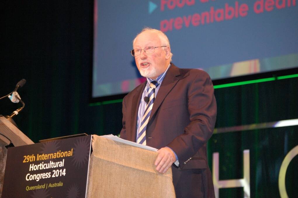 Author and science writer Julian Cribb speaking at the 29th International Horticultural Congress in Brisbane where he told the audience that horticulture is key to solving world hunger. 