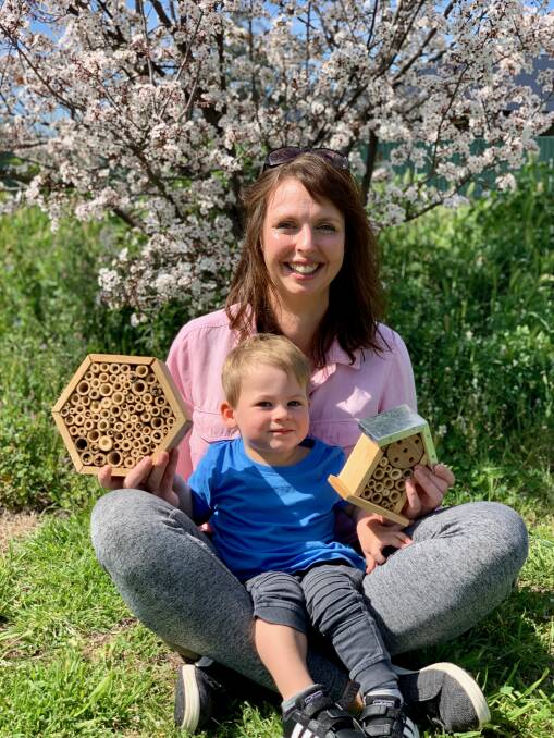 FINDER: Jackie Trott and her son Fallon show off some of the bee hotels available in Mudgee.