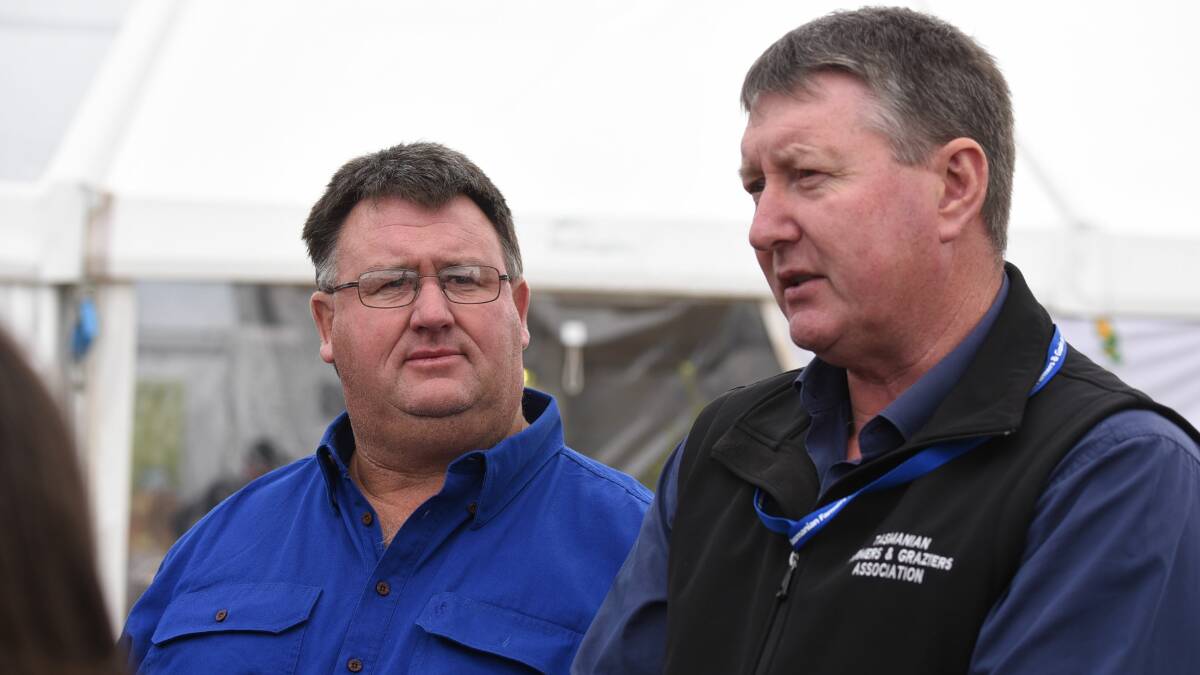 SUPPORTING GROWERS: Fruit Growers Tasmania president Nic Hansen and TFGA president Wayne Johnstone at Agfest. Picture: Paul Scambler