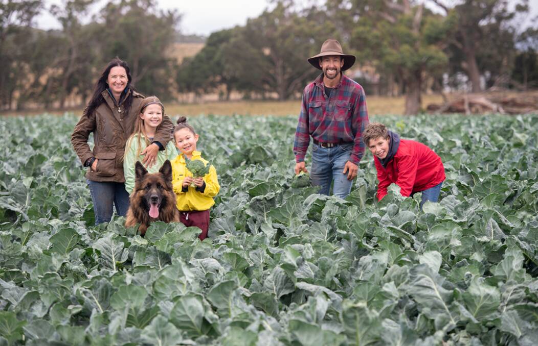 Vegetable grower and agronomist Stuart Grigg, with wife Kate, daughters Kiara and Bridie, and son Eamon, with dog Flynn. Picture supplied
