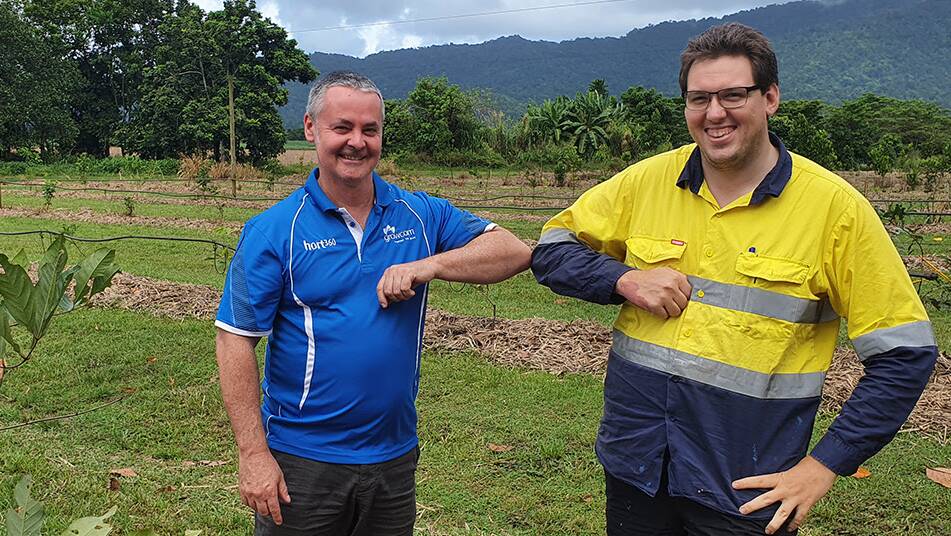 DONE: Growcom Hort360 manager, Scott Wallace, congratulates Josh Maunder from Zappala Tropicals on achieving Queensland's the first Hort360 GBR Reef Certification. 